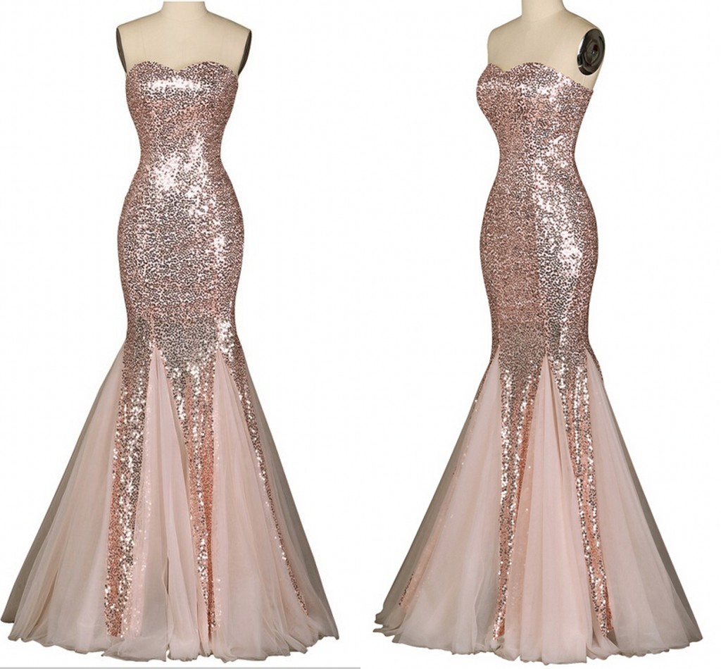 Nude Pink Women Party Dresses 2015 Real Mermaid Sexy Sweetheart Floor Length Sequins Tulle Lace Up Evening Dress Prom Gowns