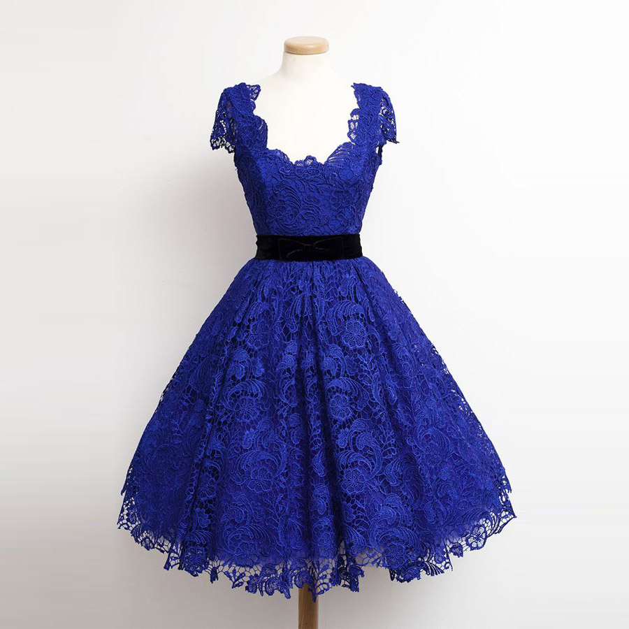 Charming Royal Blue Lace Cap Sleeve Prom Party Dresses 2015 Elegant Knee Length A Line Plus Size Celebrity Dresses Gala