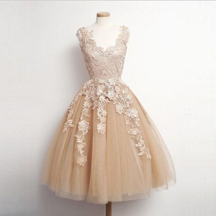 Champagne Knee Length Graduation Homecoming Dresses With Appliques Tulle V Neck 2015 Formal Party Prom Dress Gown