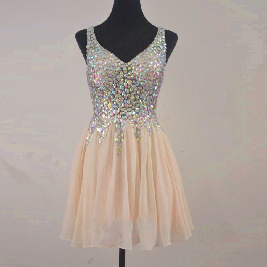 Sparkly V Neck Crystal Champagne Short Homecoming Dresses Mini Graduation Dress Cocktail Party Drsses