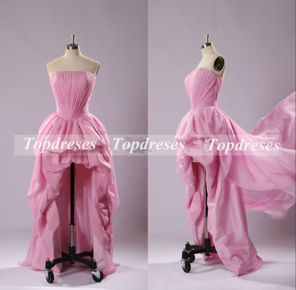 Custom Made Fashion Prom Dress Pink Chiffon Ruffles Strapless Dress Asymmetrical Hi-lo Prom Gown