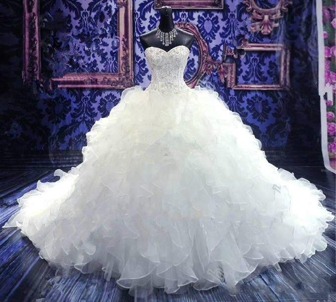 2015 Luxury Beaded Embroidery Bridal Gown Princess Gown Sweetheart Corset Organza Cathedral Ball Gown Wedding Dresses