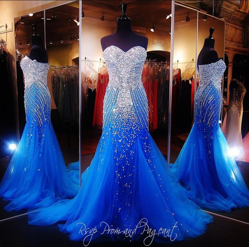 2016 Luxury Blue Mermaid Prom Pageant Dress With Sweetheart Sleeveless Sweep Train Sparkling Crystal Beading Tulle Formal Christmas Evening Dress