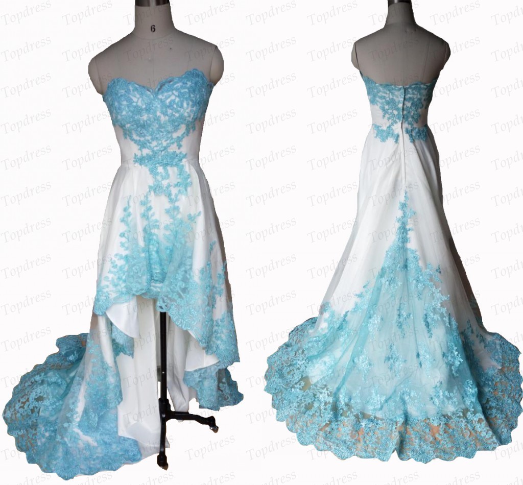 White And Turquoise High Low Beautiful Lace Appliques Prom Dresses Short Front Long Back Sexy Sweetheart Graduation Party Dress