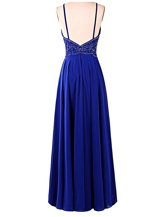 Royal Blue Beaded Chiffon Long Prom Dress With Halter Neckline And Open