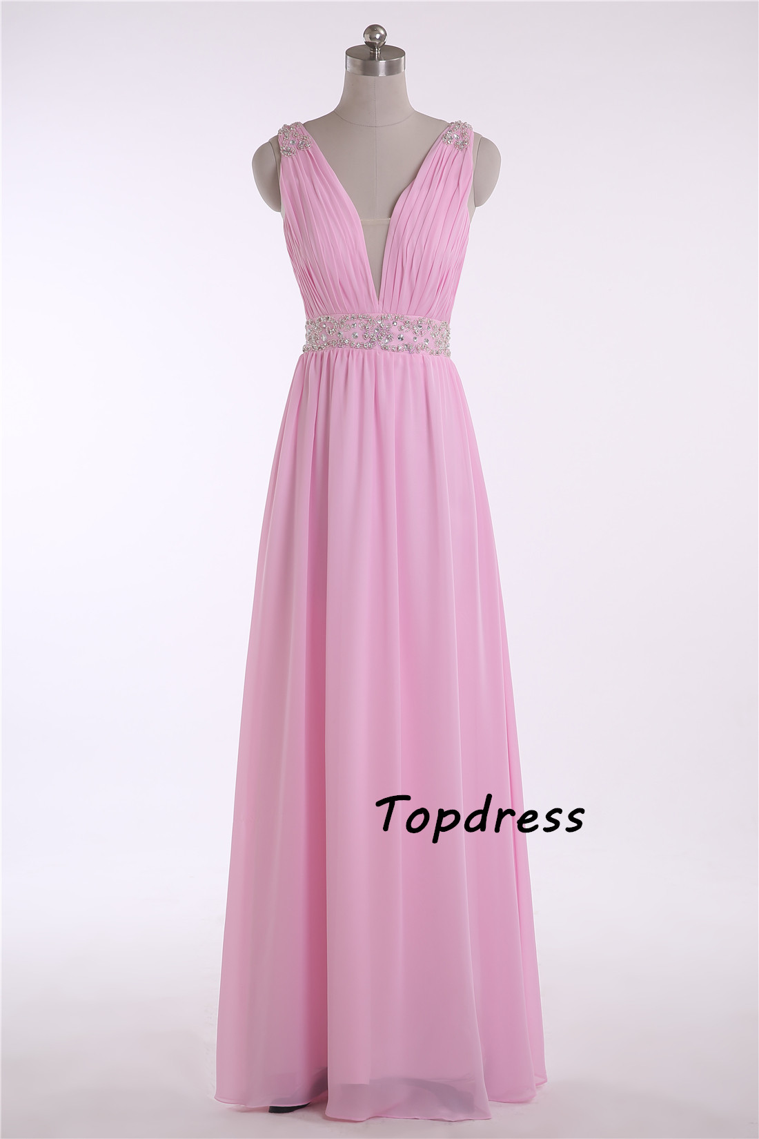 Elegant Long Pink Prom Dresses A Line V Neck Cross Back Pleat Beads Formal Party Dresses