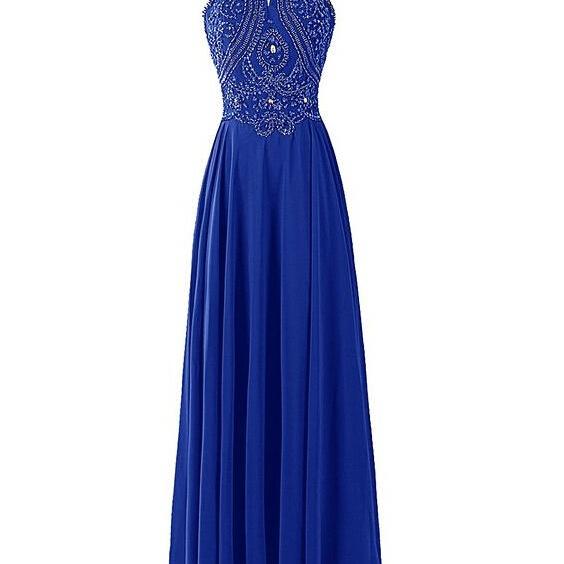 Royal Blue Beaded Chiffon Long Prom Dress With Halter Neckline And Open ...