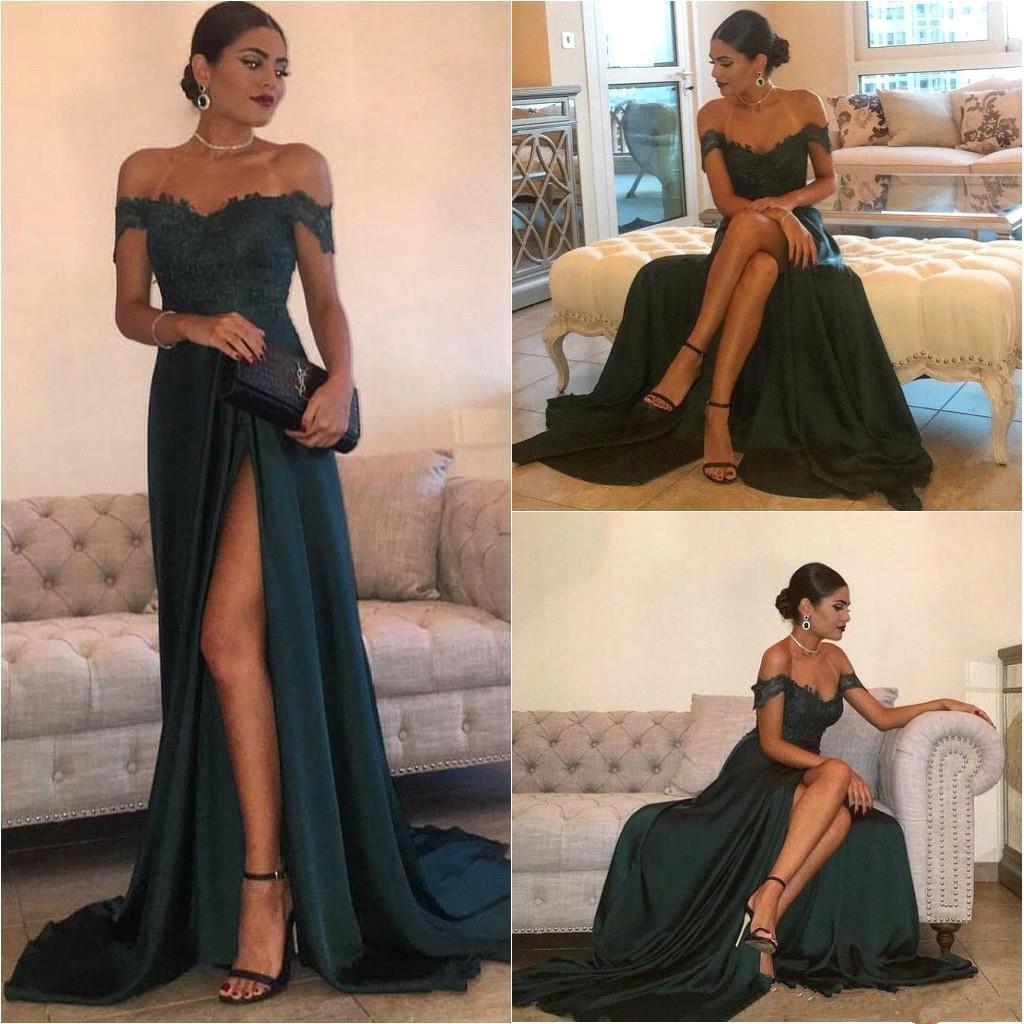 green off the shoulder dress prom