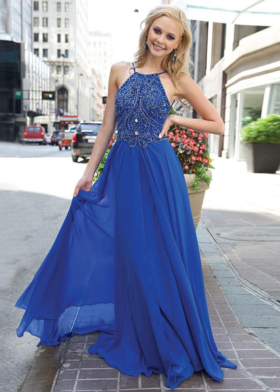 Royal Blue Beaded Sleeveless Prom Dress Long Chiffon Dress Elegant